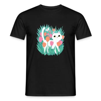 Weiße Katze im Tulpen-T-Shirt - Männer T-Shirt - Schwarz - Vorne - AI Model Male 178 light (178cm)