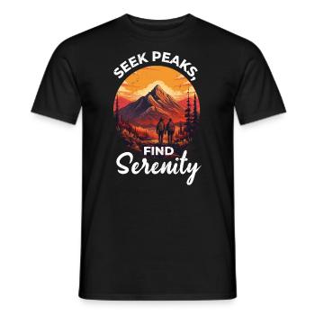 Seek Peaks, Find Serenity Hiking adventure explore - Men's T-Shirt - black - Front - AI Model Male 178 light (178cm)