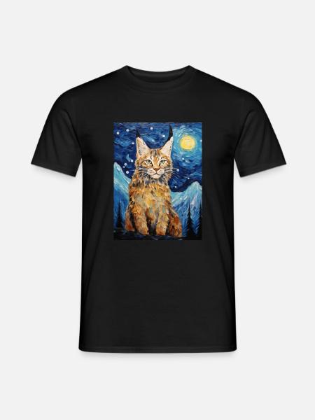 Lodjur, Van Gogh, Stjärnklar Natt, Djur, Stor Katt - T-shirt herr - svart
