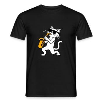 Funny cat with sunglasses and saxophone - Men's T-Shirt - black - Front - AI Model Male 178 light (178cm)