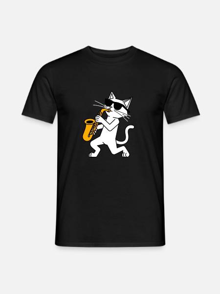 Lustige Katze mit Sonnebrille und Saxophon - Männer T-Shirt - Schwarz