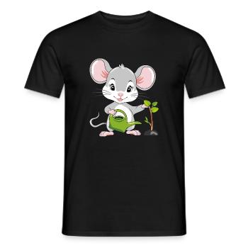 Cute little mouse is watering the plant - Men's T-Shirt - black - Front - AI Model Male 178 light (178cm)