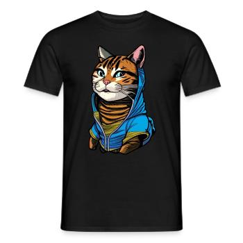 Cool illustration of a cat with hoodie - Men's T-Shirt - black - Front - AI Model Male 178 light (178cm)
