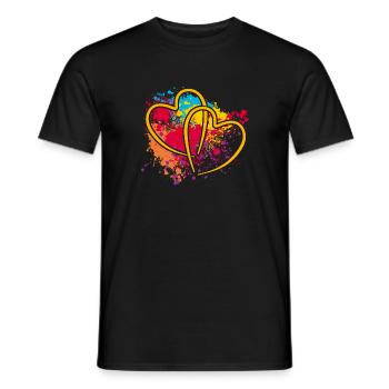 zwei verschlungene Herzen auf Farbklecksen - Männer T-Shirt - Schwarz - Vorne - AI Model Male 178 light (178cm)