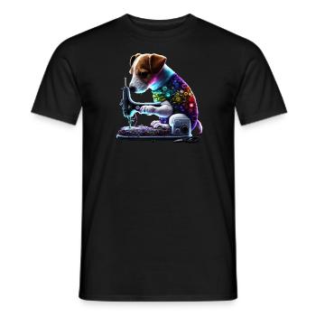 Jack Russel Hund näht mit Nähmaschine - Männer T-Shirt - Schwarz - Vorne - AI Model Male 178 light (178cm)