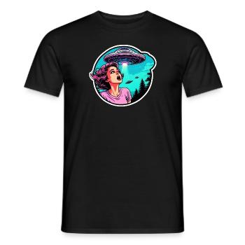 Panicked woman is in fear of UFOs in the sky. - Men's T-Shirt - black - Front - AI Model Male 178 light (178cm)