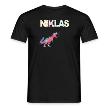 NIKLAS - Beautiful boy name with dinosaur - Men's T-Shirt - black - Front - AI Model Male 178 light (178cm)
