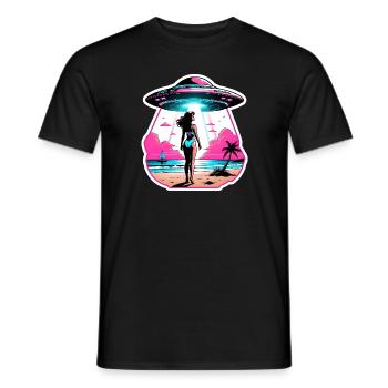 Woman is taken into UFO. Beach scene. - Men's T-Shirt - black - Front - AI Model Male 178 light (178cm)