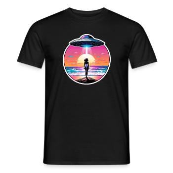 Woman is staring at UFO at the beach. - Men's T-Shirt - black - Front - AI Model Male 178 light (178cm)