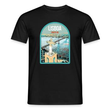 Christus König Lissabon: Blick auf die Brücke des 25. April über den Tejo - Männer T-Shirt - Schwarz - Vorne - AI Model Male 178 light (178cm)