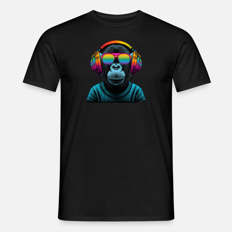 Regenbogen Affe mit Kopfhörer - Männer T-Shirt - Schwarz