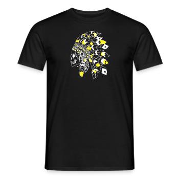 skull with white and yellow Indian headdress - Men's T-Shirt - black - Front - AI Model Male 178 light (178cm)