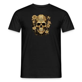Design exclusif de crâne doré avec des roses - T-shirt homme - noir - Devant - AI Model Male 178 light (178cm)