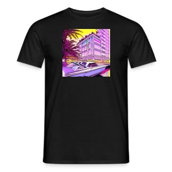 Bateau devant un immeuble de grande hauteur sous le soleil du soir - T-shirt homme - noir - Devant - AI Model Male 178 light (178cm)