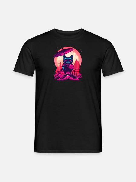 Synthwave japan Cat with umbrella - Men's T-Shirt - black