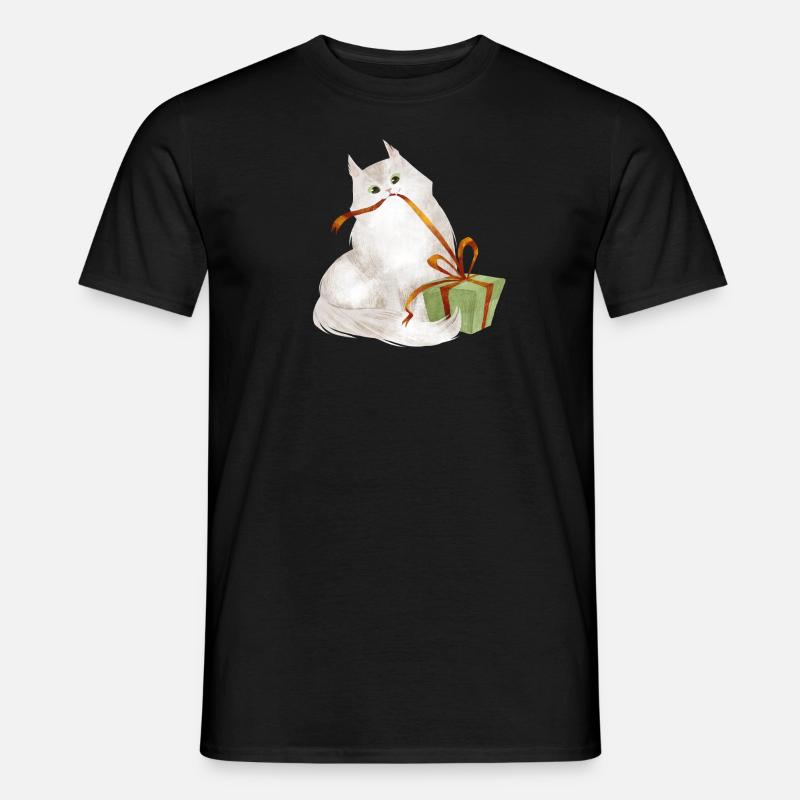 Katze mit Weihnachtsgeschenk - Männer T-Shirt - Schwarz