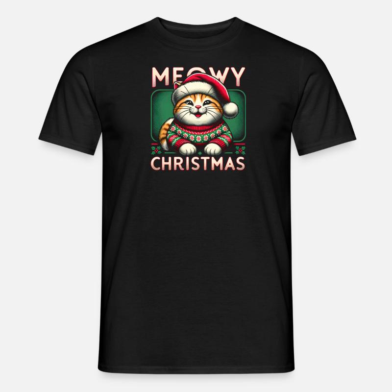 Weihnachtspullover mit Weihnachtskatze - Männer T-Shirt - Schwarz