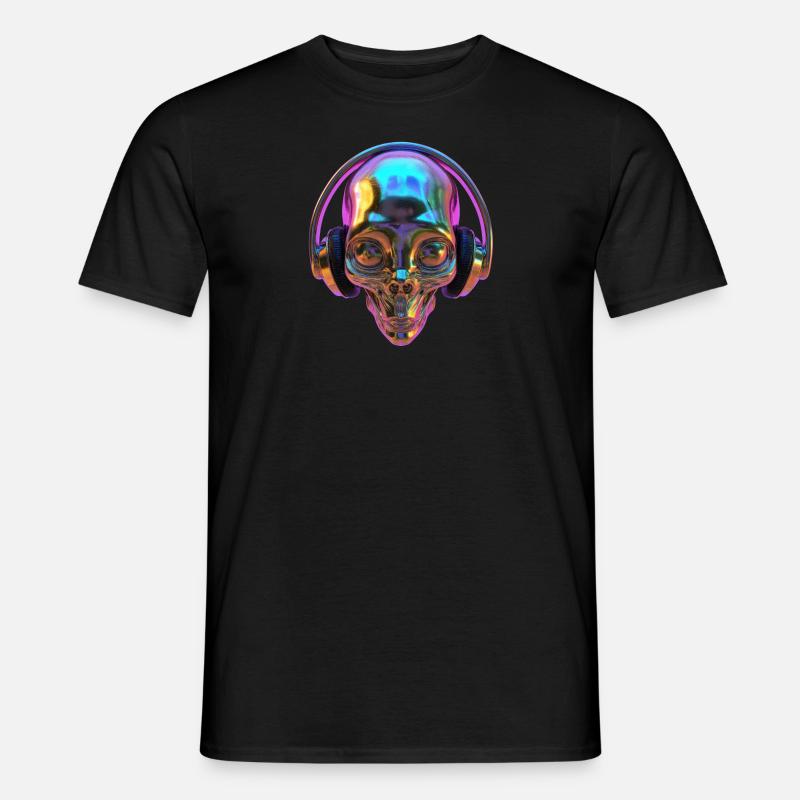 Chromatischer Alien-Kopf mit Kopfhörern - Männer T-Shirt - Schwarz
