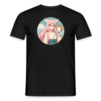 Fox Girl: Anime Style Charm with a Fox - Men's T-Shirt - black - Front - AI Model Male 178 light (178cm)