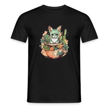 Chat en pot de téracotta avec cactus - T-shirt homme - noir - Devant - AI Model Male 178 light (178cm)