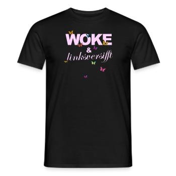 Selbstironie: WOKE & linksversifft - Männer T-Shirt - Schwarz - Vorne - AI Model Male 178 light (178cm)