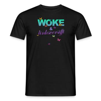 Selbstironie: WOKE & linksversifft - Männer T-Shirt - Schwarz - Vorne - AI Model Male 178 light (178cm)