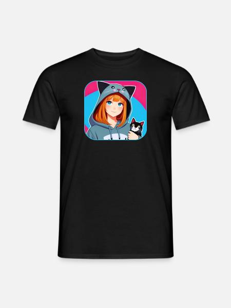 Niedliches Anime Manga Girl mit Katzen Hoodie - Männer T-Shirt - Schwarz