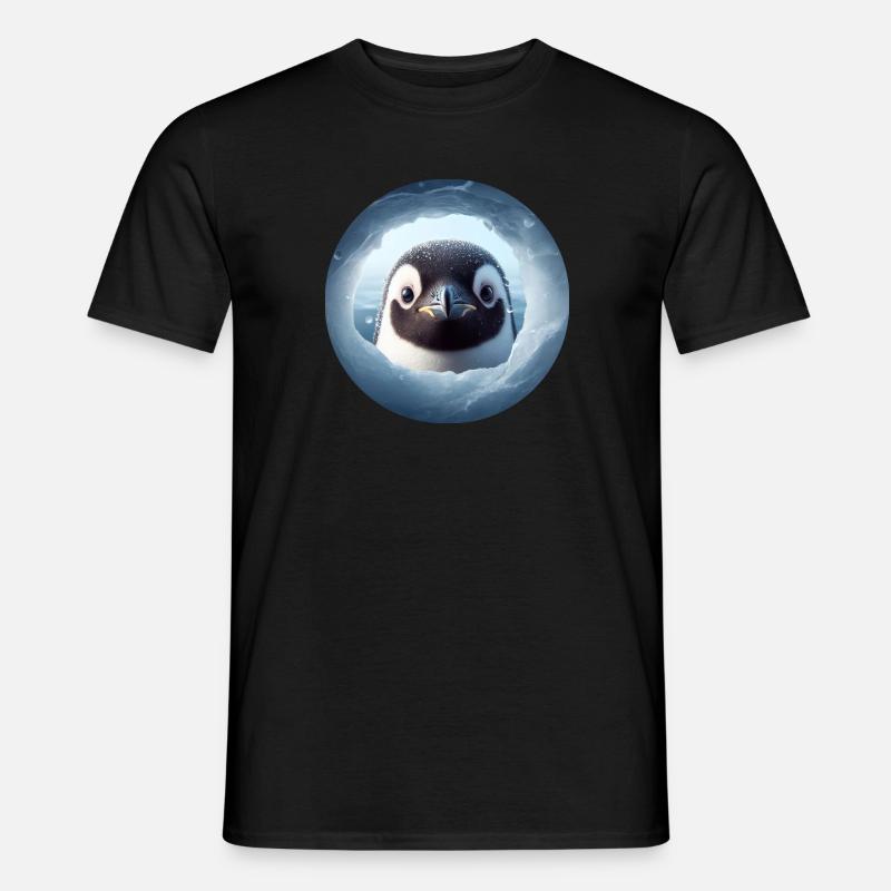 Pinguin schaut durch Schnee Loch - Männer T-Shirt - Schwarz