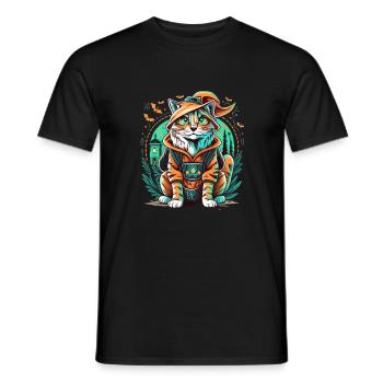 A cyberpunk cat in a Halloween costume - Men's T-Shirt - black - Front - AI Model Male 178 light (178cm)