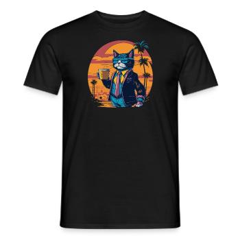 80's illustration of a cat with a coffee cup - Men's T-Shirt - black - Front - AI Model Male 178 light (178cm)