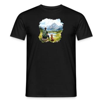 Man with Dog Hiking Outdoor Mountains Lake - Men's T-Shirt - black - Front - AI Model Male 178 light (178cm)