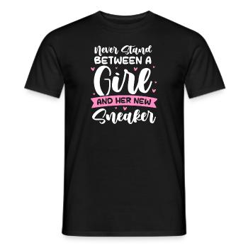 Never Stand Between A Girl And Sneakers Funny - Men's T-Shirt - black - Front - AI Model Male 178 light (178cm)