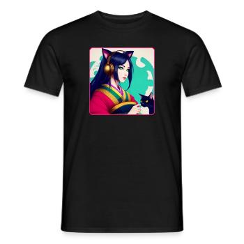 Mignonne anime manga fille avec chats et écouteurs - T-shirt homme - noir - Devant - AI Model Male 178 light (178cm)