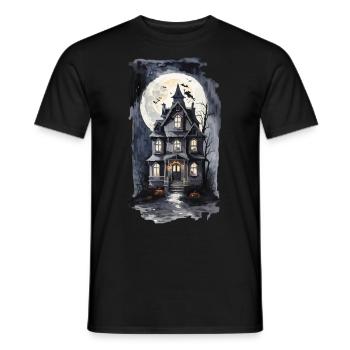 Maison hantée d’Halloween effrayante avec des chauves-souris - T-shirt homme - noir - Devant - AI Model Male 178 light (178cm)