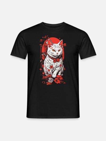 Vintage aasialainen kissa Ukiyo-E kirsikankukat - Miesten T-paita - musta