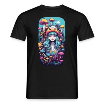 Festival Fantasy Psychedelic Goa Mushroom Girl - Men's T-Shirt - black - Front - AI Model Male 178 light (178cm)