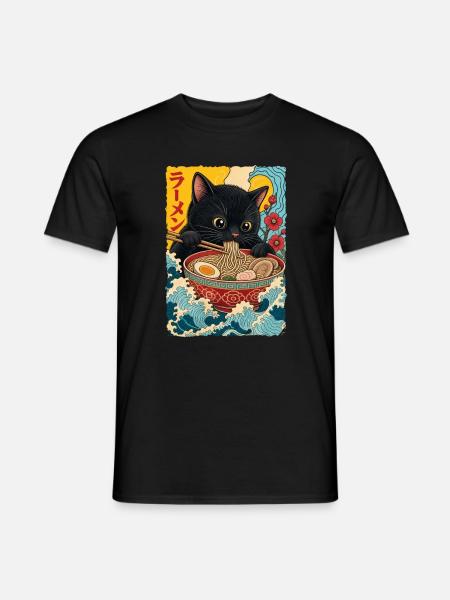 Süße Katze isst Ramen - Männer T-Shirt - Schwarz