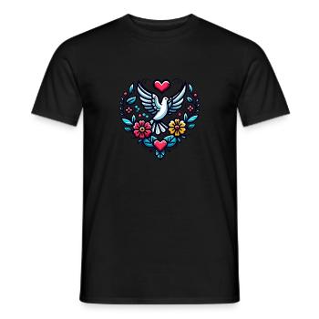 Dove of peace with flowers and red heart - Men's T-Shirt - black - Front - AI Model Male 178 light (178cm)