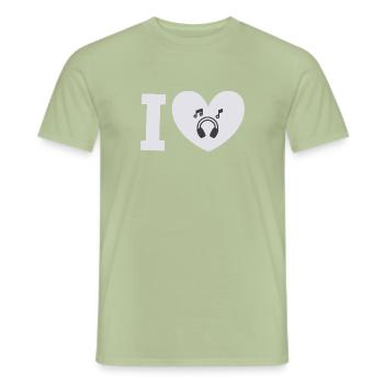 J’aime la musique – Musique rock, Star, Disco, Écoutez de la musique - T-shirt homme - vert sauge - Devant - AI Model Male 178 light (178cm)