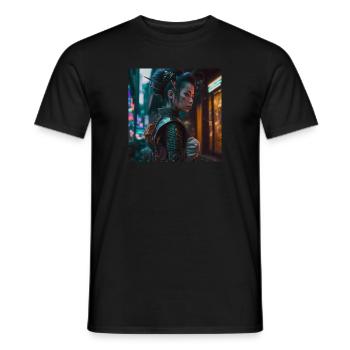 Cyber geisha in dark side alley - Men's T-Shirt - black - Front - AI Model Male 178 light (178cm)