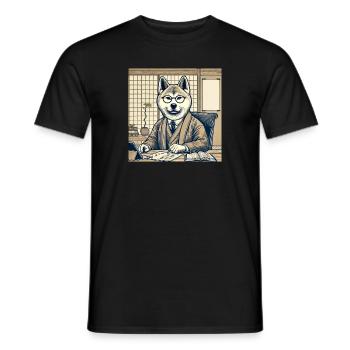 Akita at the Desk - Ukiyo-e Style - Men's T-Shirt - black - Front - AI Model Male 178 light (178cm)