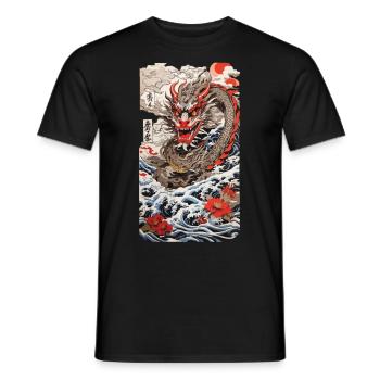 Japanischer Drache Retro Ukiyo-E Poster Streetwear - Männer T-Shirt - Schwarz - Vorne - AI Model Male 178 light (178cm)