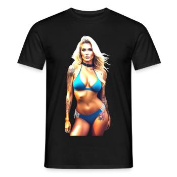 Heiße blonde Fantasy Frau mit Tattoo im Bikini - Männer T-Shirt - Schwarz - Vorne - AI Model Male 178 light (178cm)