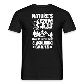 Nature's gym perfect to master your slacklining - Men's T-Shirt - black - Front - AI Model Male 178 light (178cm)
