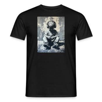 Banksy Style - Seated Child with Headphones - Men's T-Shirt - black - Front - AI Model Male 178 light (178cm)