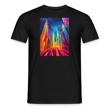 Rue - Ville - Coloré - Immeubles de grande hauteur - Abstrait - T-shirt homme - noir - Devant - AI Model Male 178 light (178cm)