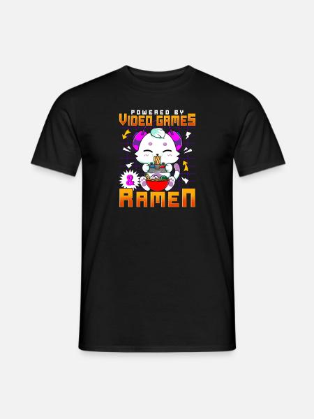 Powered By Video Games & Ramen Anime Cat Gamer - Men's T-Shirt - black