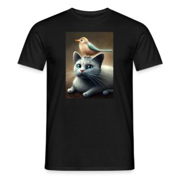 Vogel sitzt auf Katze - Männer T-Shirt - Schwarz - Vorne - AI Model Male 178 light (178cm)