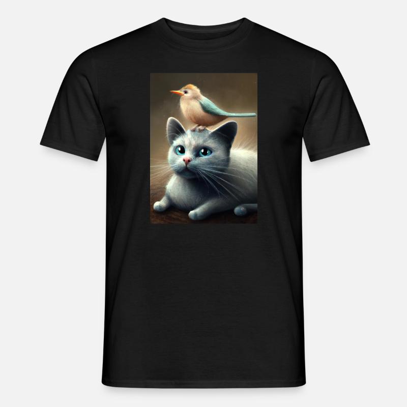 Vogel sitzt auf Katze - Männer T-Shirt - Schwarz