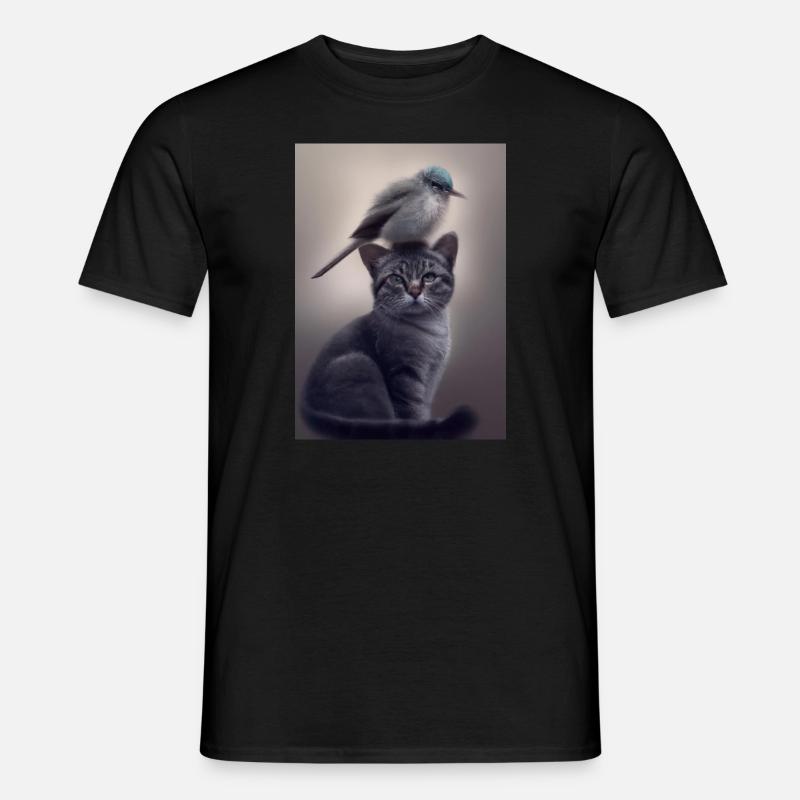 Vogel sitzt auf Katze - Männer T-Shirt - Schwarz